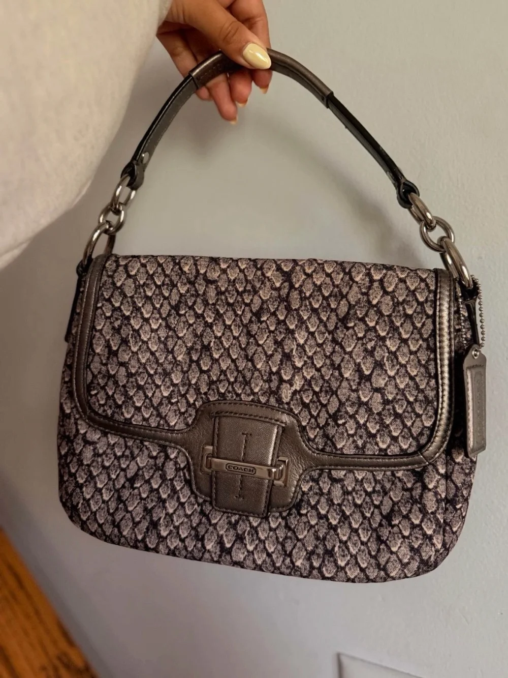 Coach Snake-Print Shoulder Bag in Charcoal and Silver